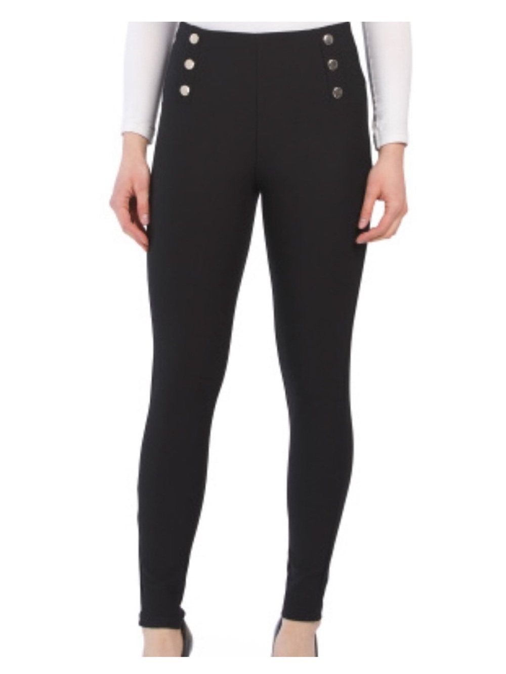 Kay Unger Ponte High Waist Sailor Pants w Gold Buttons - Black, Size M